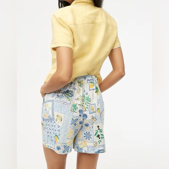 J. Crew  Printed Elastic-back Linen Blend Pleated Shorts in Blue/Green - Picture 2 of 8